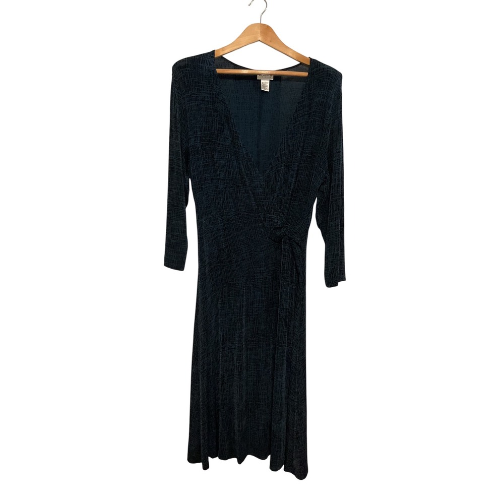 Chicos Travelers Teal Black Faux Wrap Midi Dress 3/4 Sleeve Size 2 Large - Picture 2 of 8